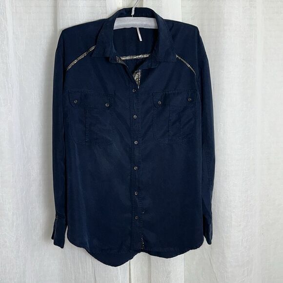 Free People L Navy Gold Metallic Banding Off Campus Button Down Long Sl Shirt - Picture 8 of 15